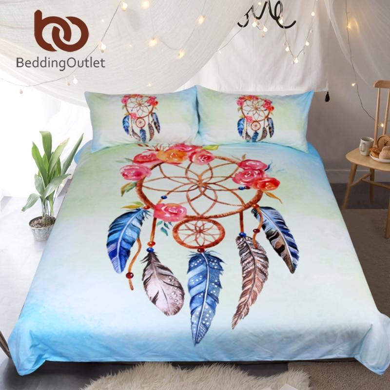 Dreamcatcher Queen Floral Rose Quilt Cover Feathers Print Bedclothes Blue et3D Customized Duvet Cover Bedding Sets