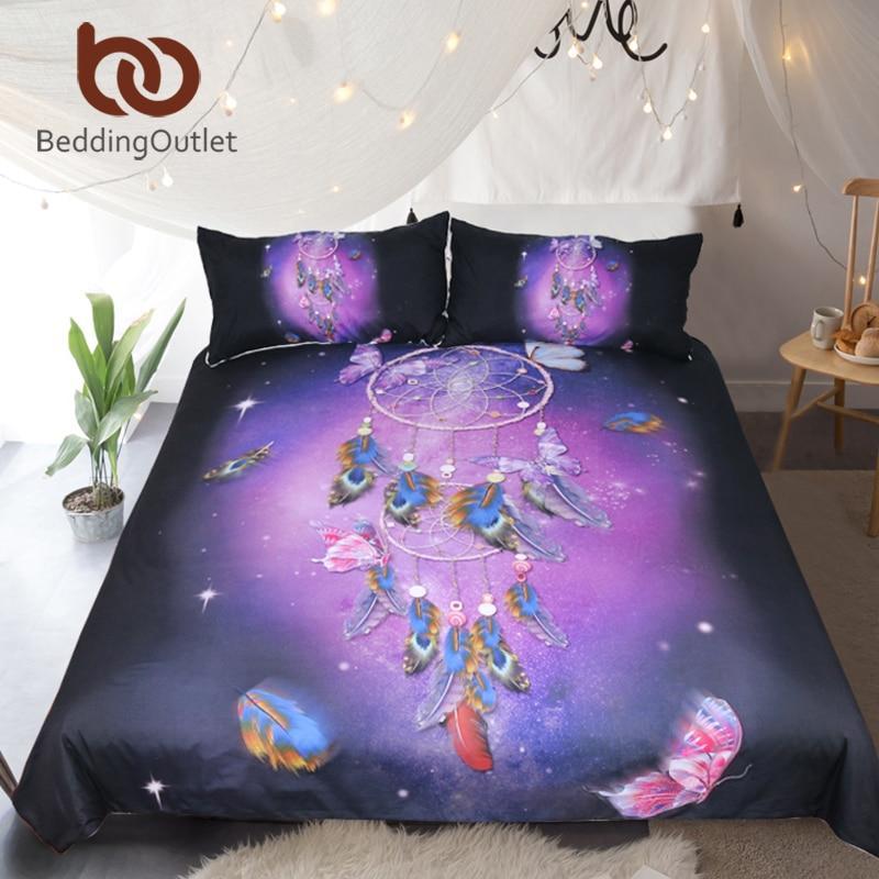 Dreamcatcher Queen Romantic Purple Dreamlike Butterfly et Feathers Bedclothes 3D Customized Duvet Cover Bedding Sets