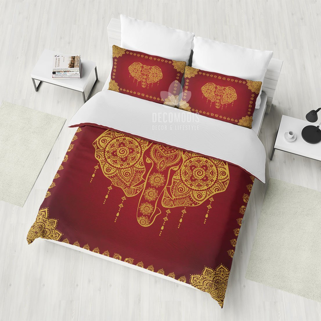 Elephant Bedding Set, Golden Boho Bedspread, Bohemian Ganesh Head Duvet Cover, Hindu Art Bedding Set