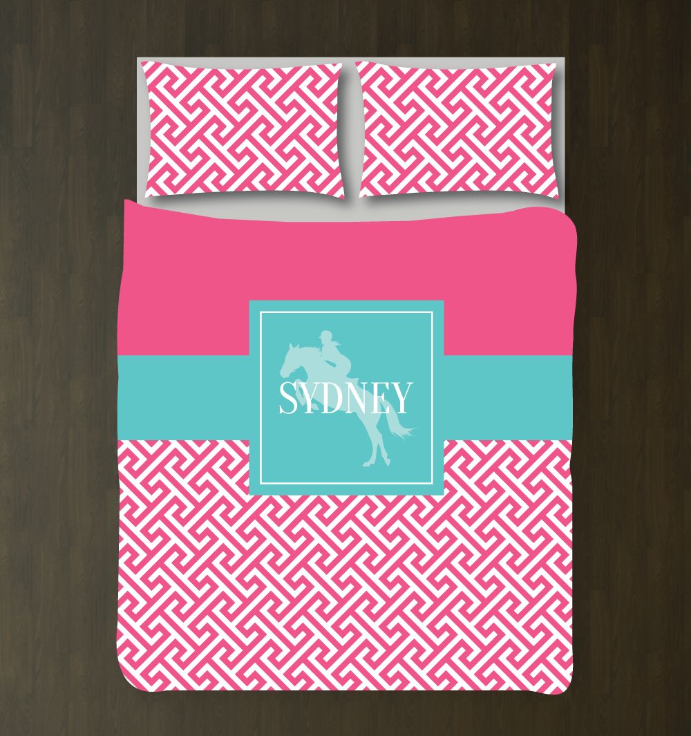 Equestrian Bedding Set with Preppy Cross Pattern Customized Duvet Cover| Bubble Gum Pink, Pool and White
