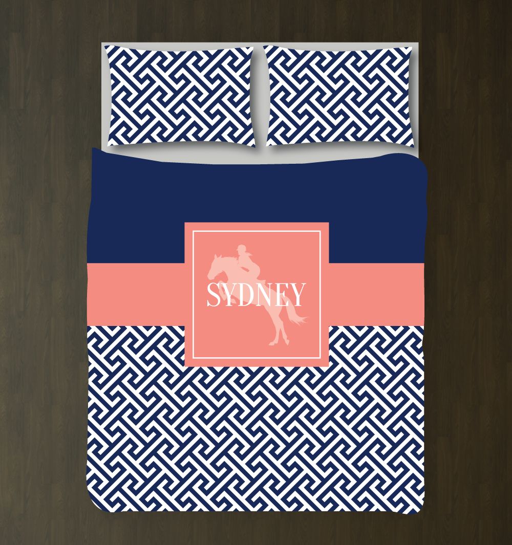Equestrian Bedding Set with Preppy Cross Pattern Customized Duvet Cover| Navy Blue, Coral and White