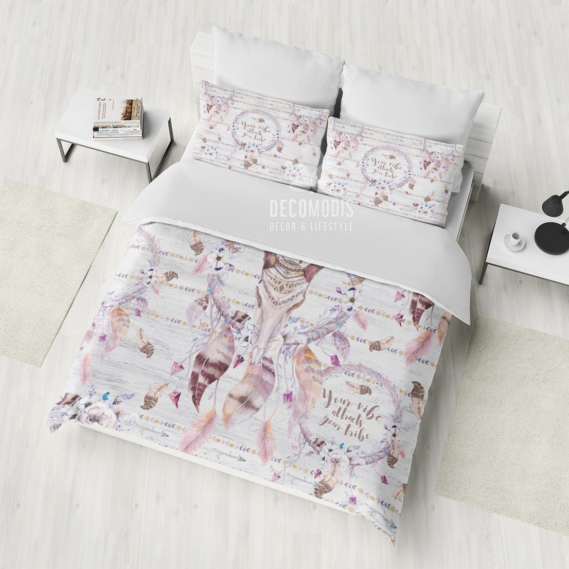 Ethno Bedding Set, Bohemian Sacred Deer Skull Duvet Cover, Shabby Chic Bedspread, Boho Totem Art Bedding Set