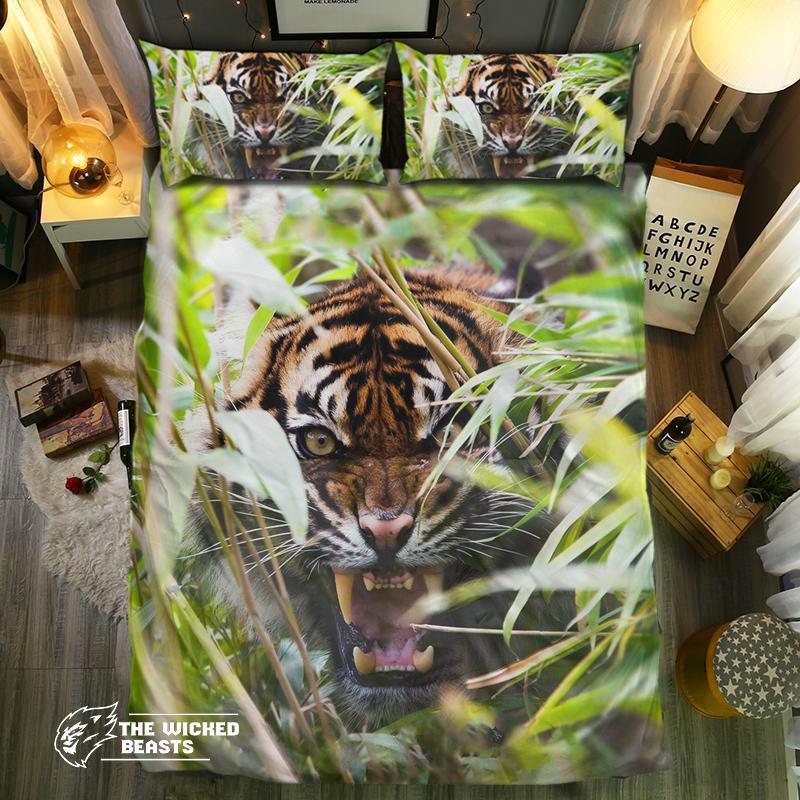 Fierce Tiger Hiding In Grass3D Customized Duvet Cover Bedding Sets