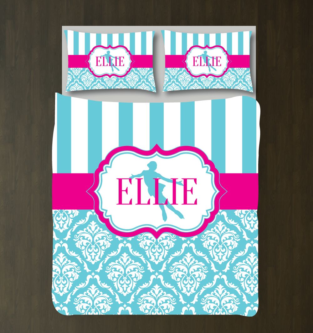 Figure Skating Damask Bedding Set Customized Duvet Cover| Aqua, Hot Pink and White