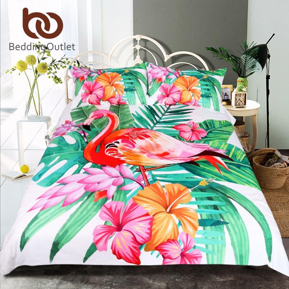 Flamingo Tropical Plant Quilt Cover Kingize Home et Flower Print Pink and Green Bedclothes 3D Customized Duvet Cover Bedding Sets