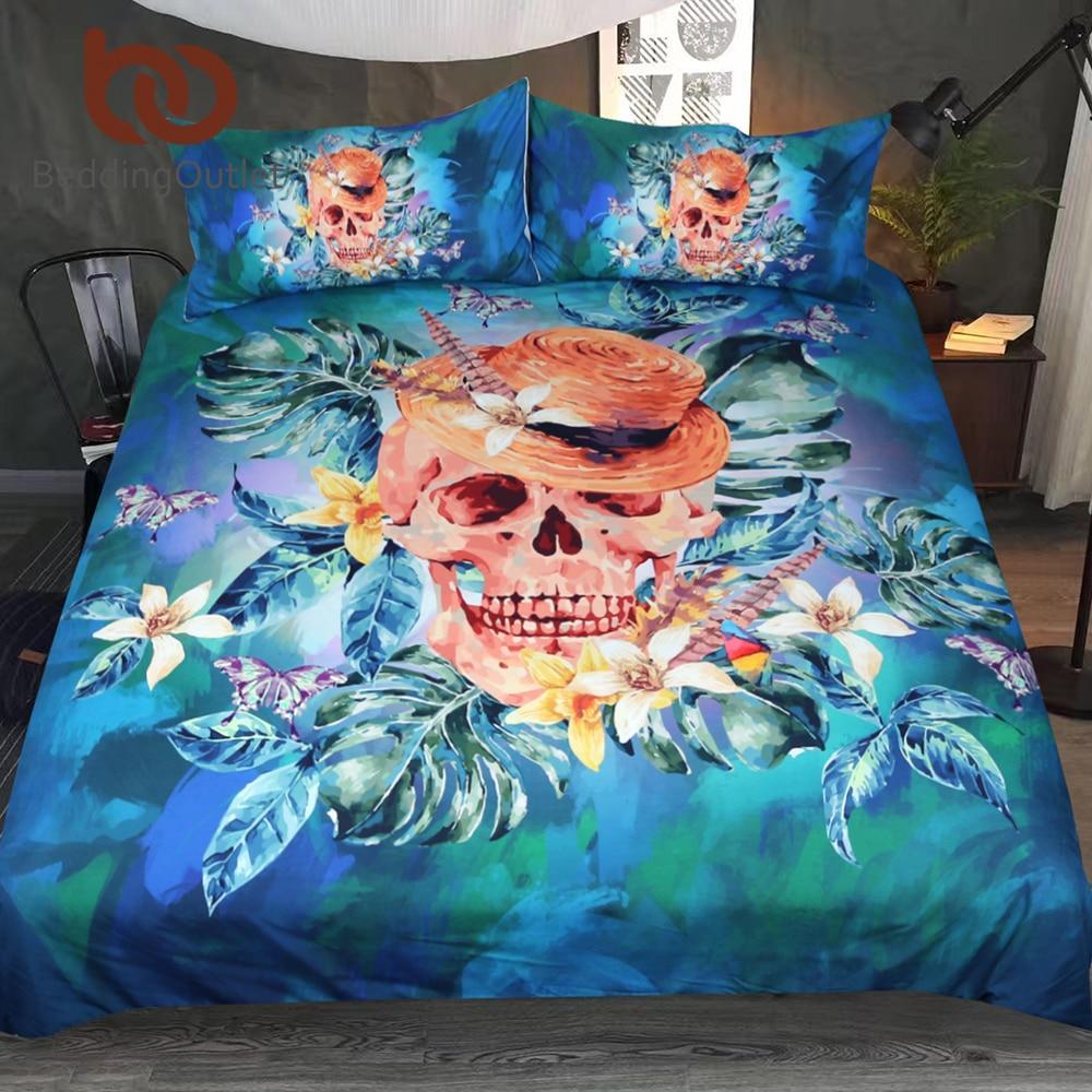 Floral Coolkull With Hat Blue Green Bedclothes Queen Watercolor Home Textiles3D Customized Duvet Cover Bedding Sets