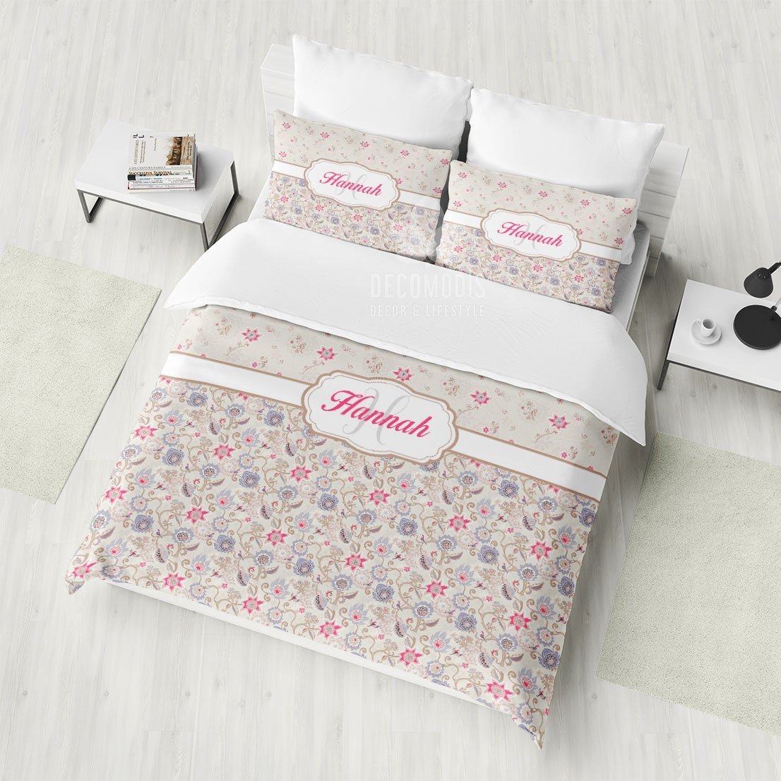 Floral Monogrammed BEDDING, Custom Duvet Covet Set, Shabby Chic Bedspread, Interior Bedroom Decor with Name