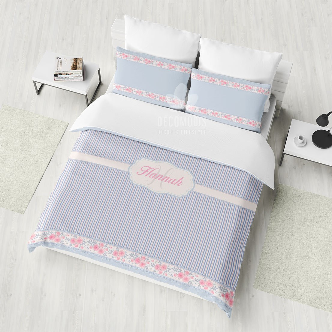 Floral Monogrammed Bedding, Customized Duvet Cover Set, Retro Style Bedding with Name and Floral Background