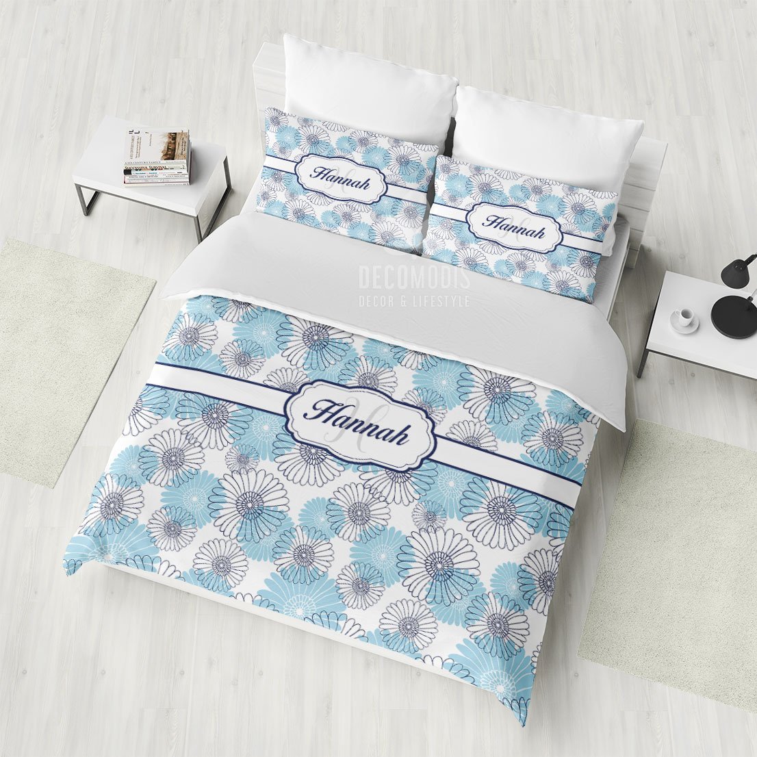Floral Monogrammed Bedding, Flower Pattern Duvet Cover Set, Bedding Set with Name, Custom Personalized Bedding