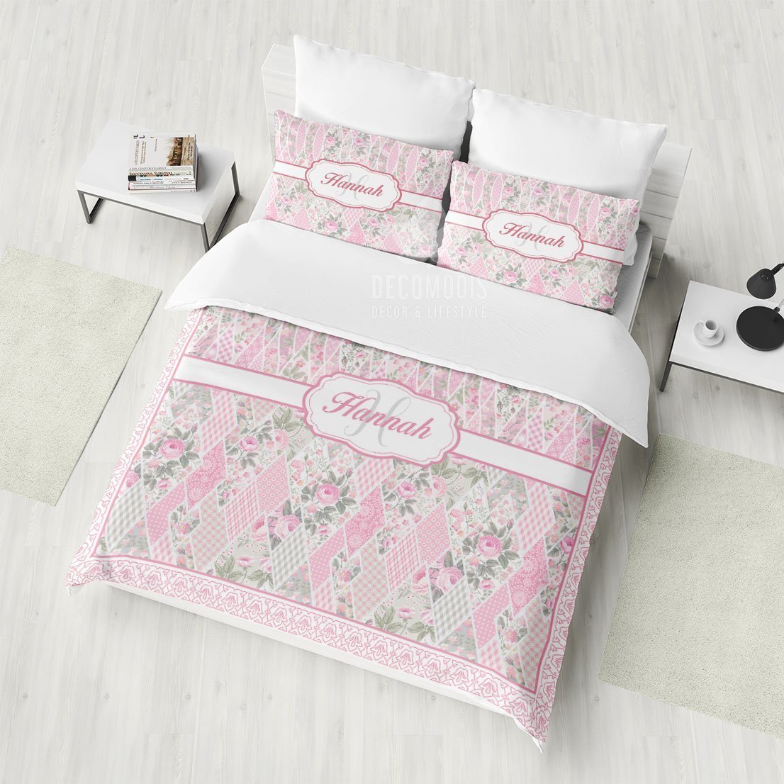 Floral Patchwork Bedding, Personalized Duvet Cover Set with Pink Roses, Customized Bedding with Name