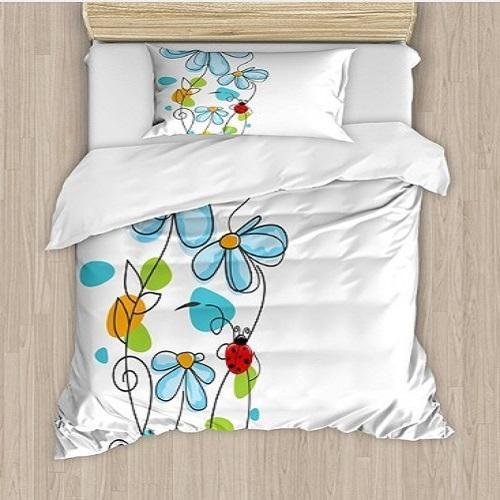 Flowers and Oval Dome-Shaped Ladybugs Duvet Cover Set