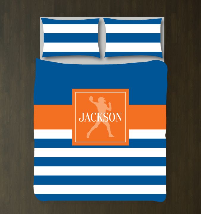 Football Bedding Set with Stripes Customized Duvet Cover| Royal Blue and Carrot Orange