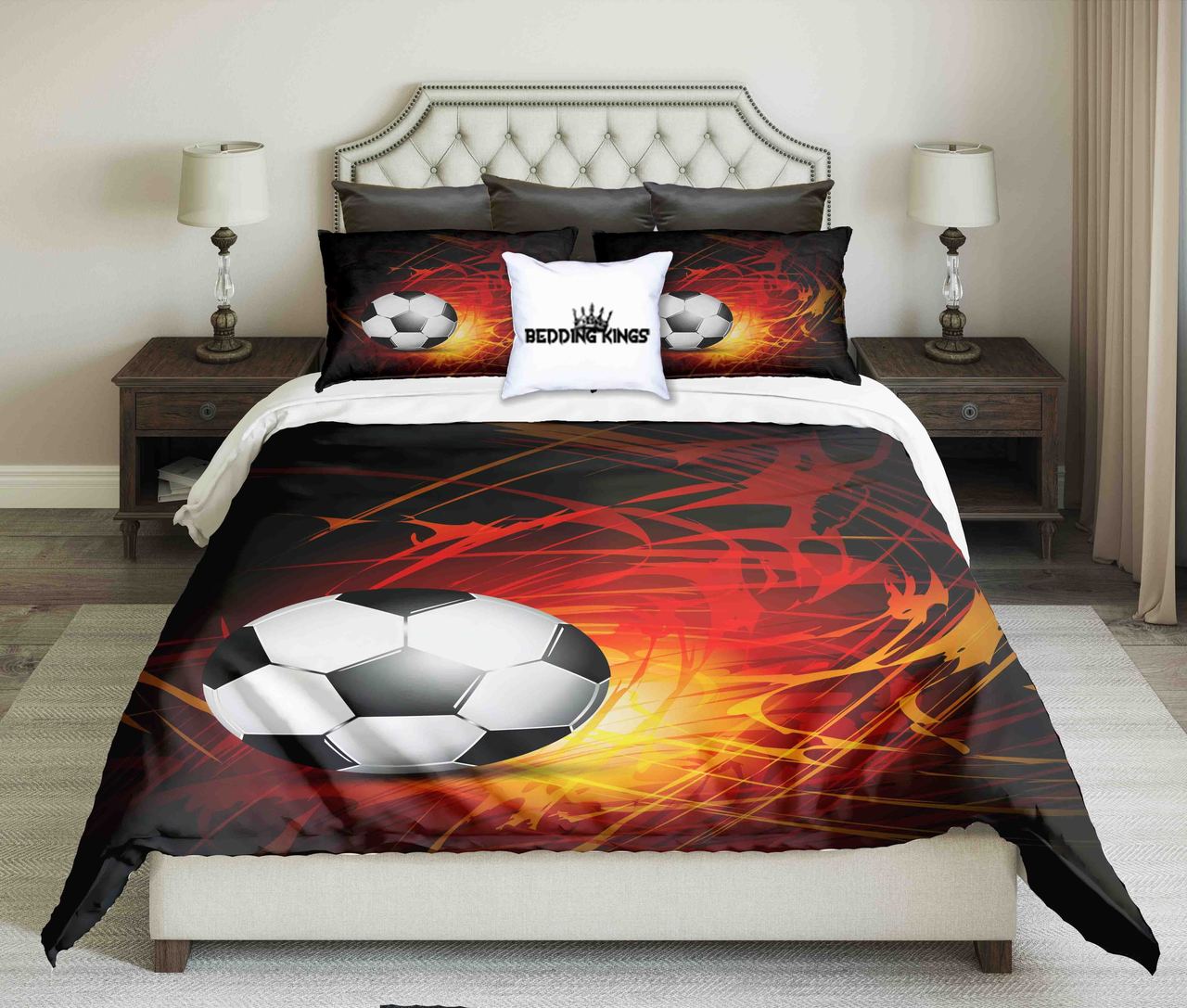Football On Abstract Fire Design With Black Background | kings3D Customized Duvet Cover Bedding Sets