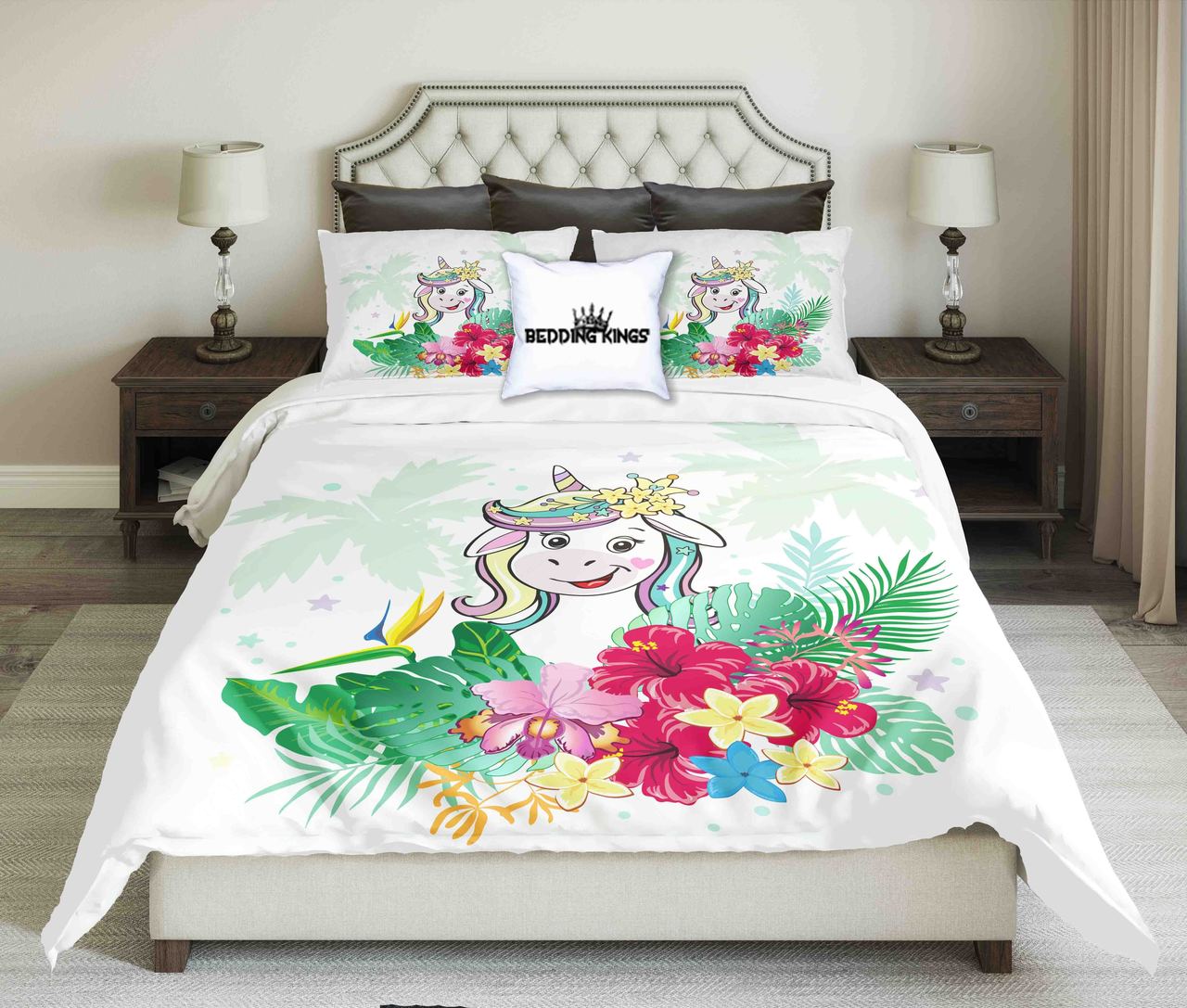 Funny Unicorn On Tropical Background Design | kings3D Customized Duvet Cover Bedding Sets