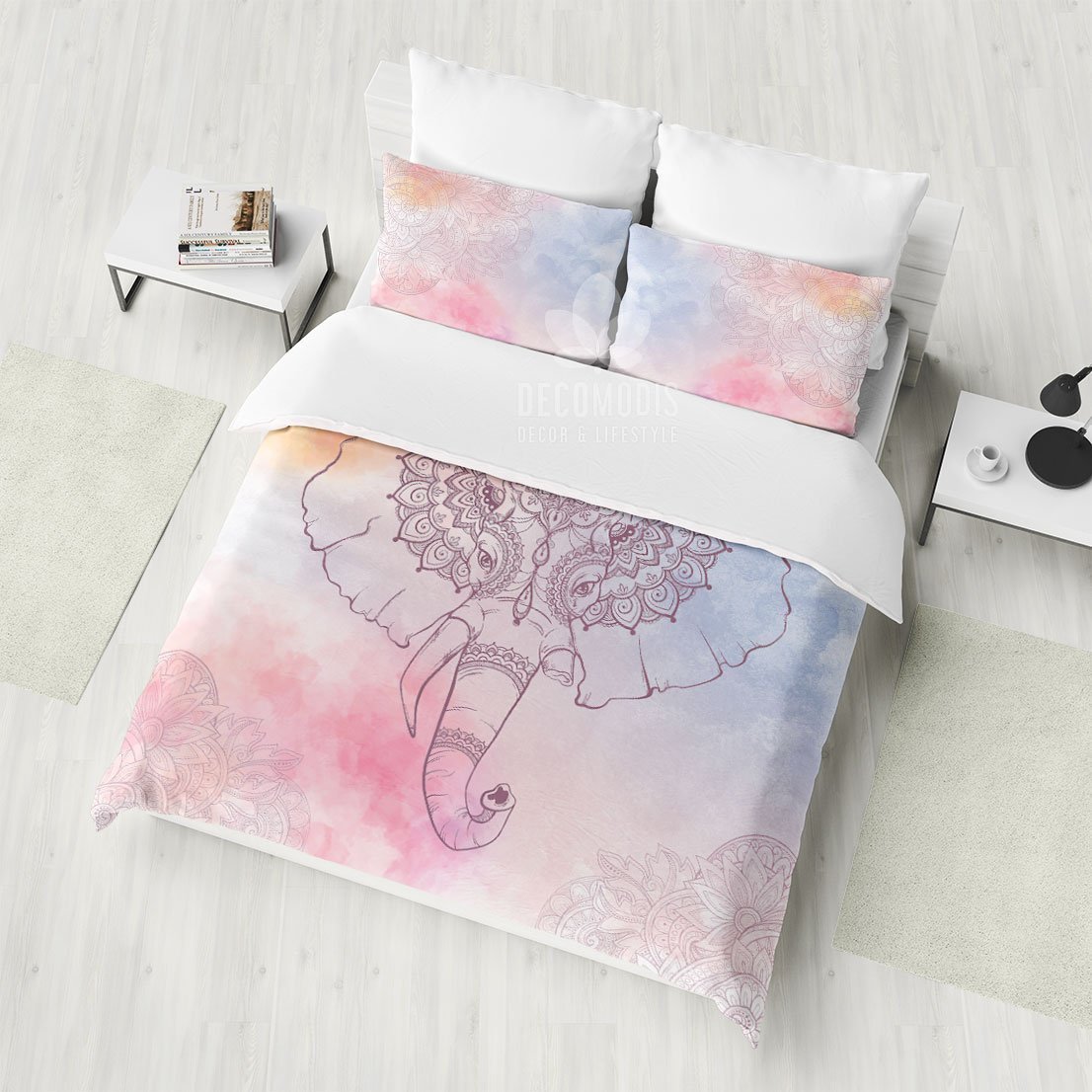 Ganesha Bedding, Watercolor Elephant Duvet Cover Set, Sacred Boho Bedspread, Hindu Bedroom Decor