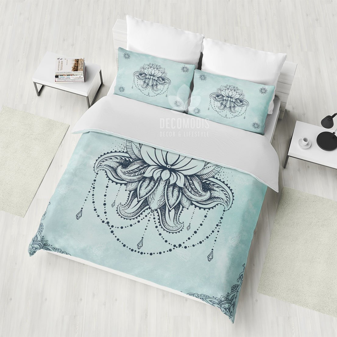 Gentle Lotus Flower Bedding Set, Boho Bedspread, Bohemian Duvet Cover, Spiritual Hindu Art Bedding Set