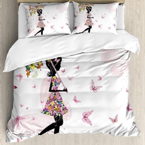 Girl with Floral Umbrella and Dress Walking Duvet Cover Set