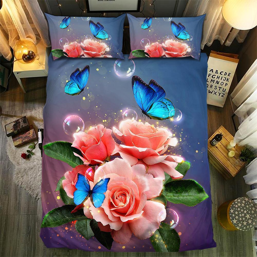 Glowing Pink Rose And Butterfly 092523D Customized Duvet Cover Bedding Sets