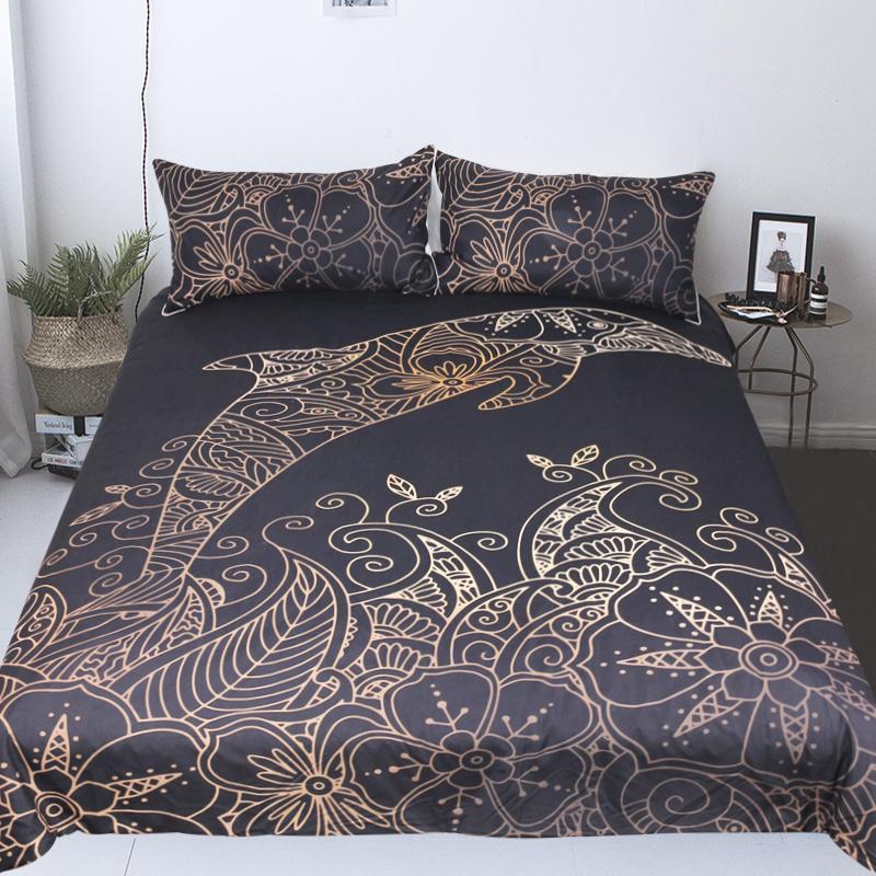 Gold Dolphin Plum Flower ART HOP 3D Customized Duvet Cover Bedding Sets