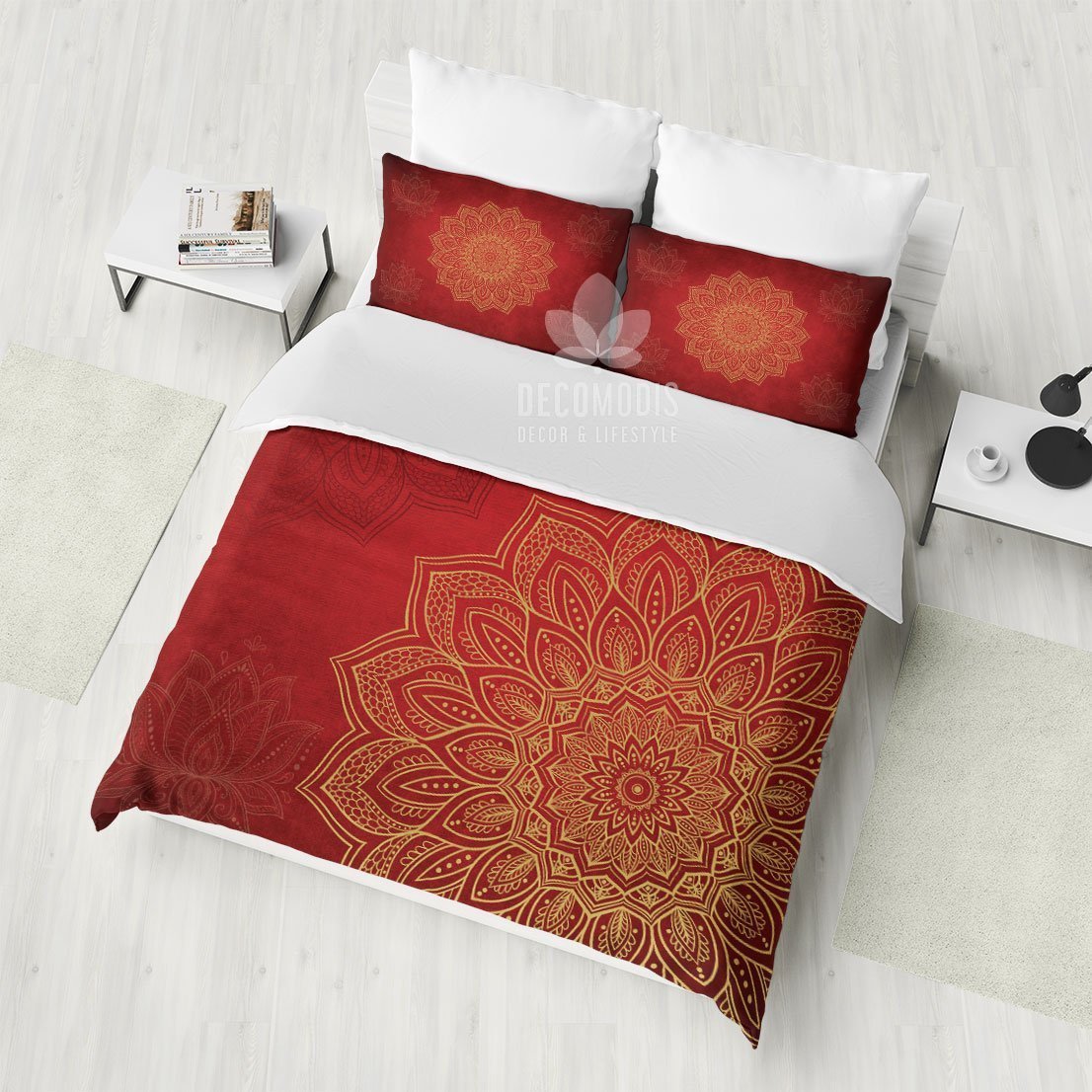 Gold Mandala Bedding Set, Bohemian Bedspread, Gold & Red Duvet Cover, Boho Hindu Art Bedding Set