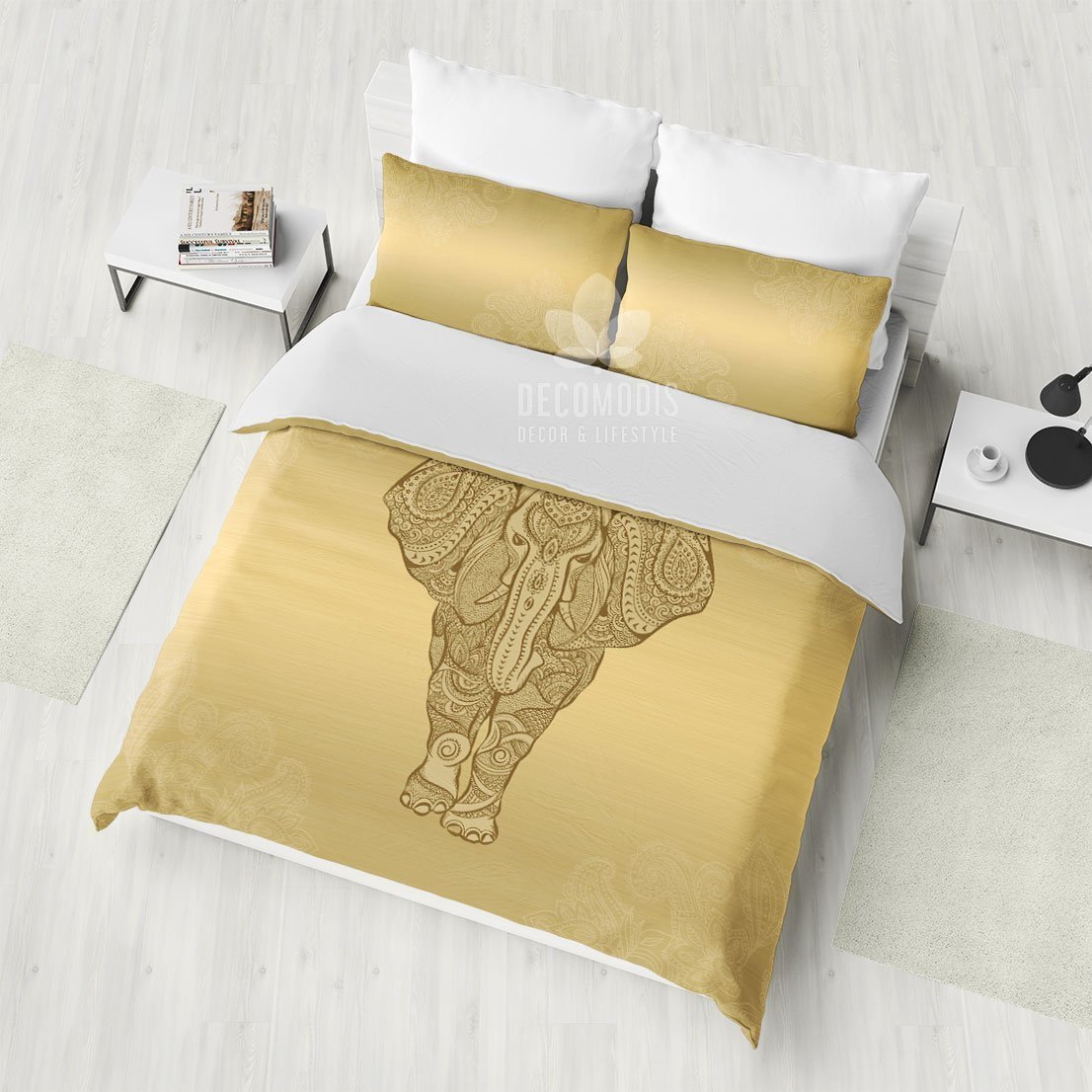 Golden Elephant Bedding Set, Boho Bedspread, Bohemian Ganesh Duvet Cover, Hindu Art Bedding Set