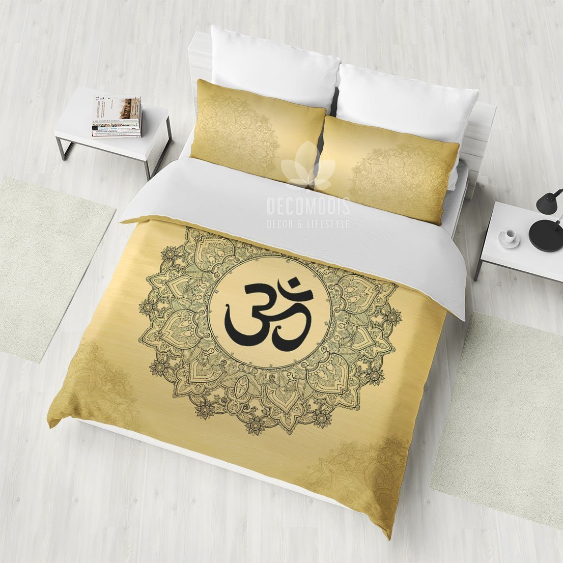 Golden Om Symbol Bedding Set, Boho Bedspread, Sacred Bohemian Duvet Cover, Hindu Art Bedding Set