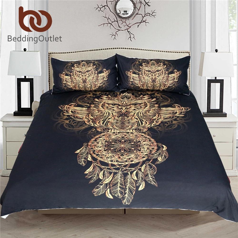 Golden Owl Kingize Boys Luxury Dreamcatcher Print Black 3d Animal Feather Bohemian Bed Cover3D Customized Duvet Cover Bedding Sets