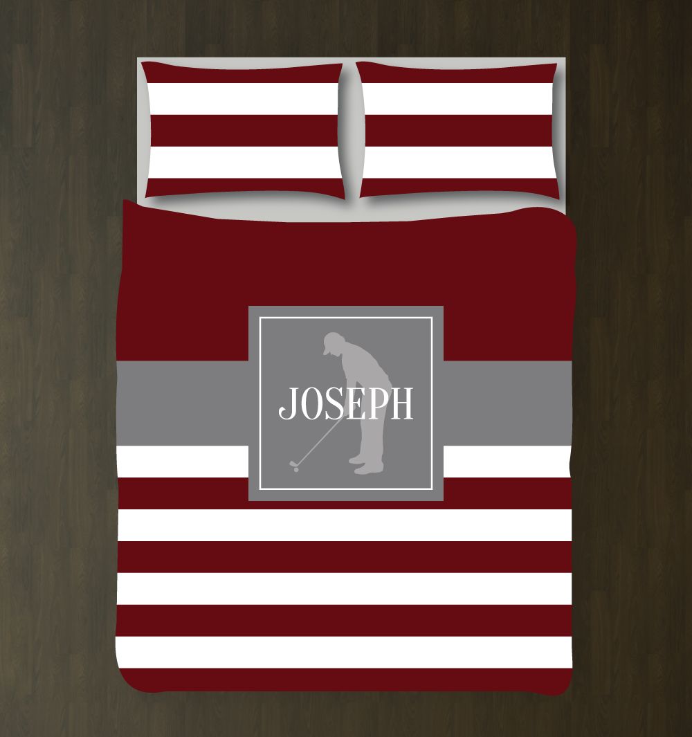 Golf Bedding Set with Stripes Customized Duvet Cover| Titanium and Burgundy
