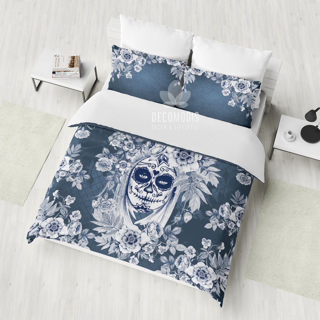 Gothic Bedding, Sugar Skull Duvet Cover Set, Floral Girl Skull Bedspread Bedding Set, Dark Totem Bedding