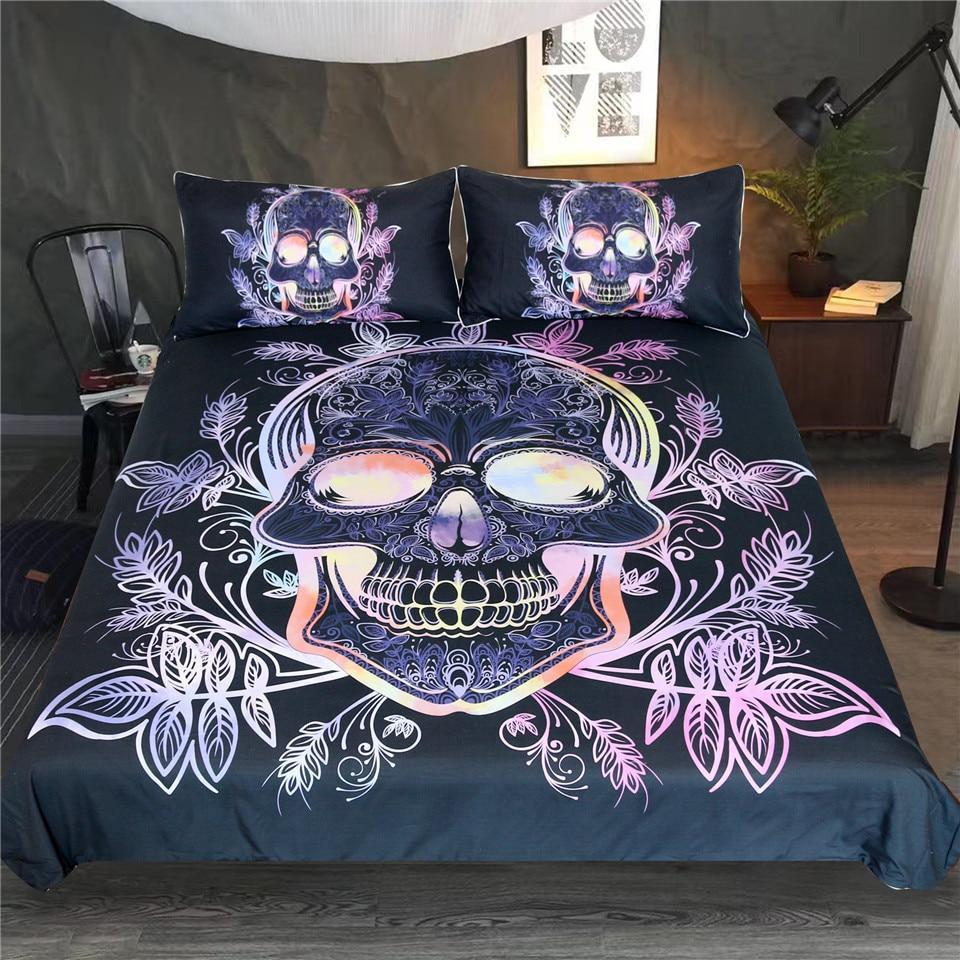 Gothic Skull Leaves Paisley Pink Purple Bedding Set