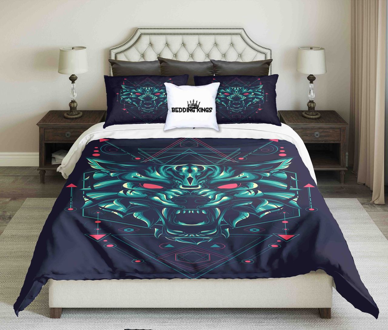 Green Werewolf in Geometric Pattern Black Background Design | kings3D Customized Duvet Cover Bedding Sets