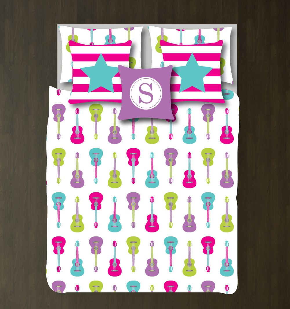 Guitar Bedding Set Customized Duvet Cover| Hot Pink, Pool, Bright Chartreuse, Radiant Orchid and White