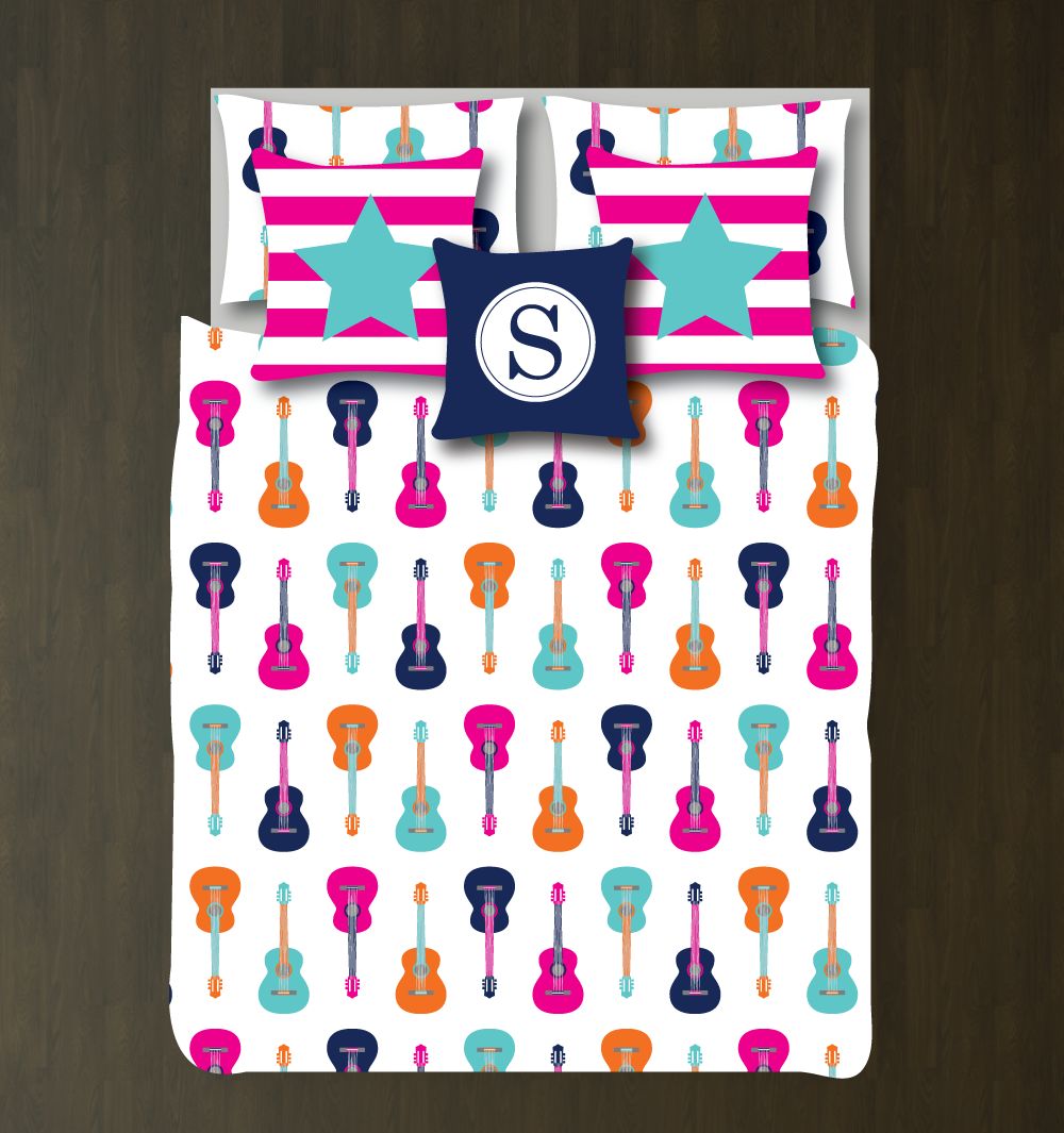 Guitar Bedding Set Customized Duvet Cover| Hot Pink, Pool, Carrot Orange, Navy and White