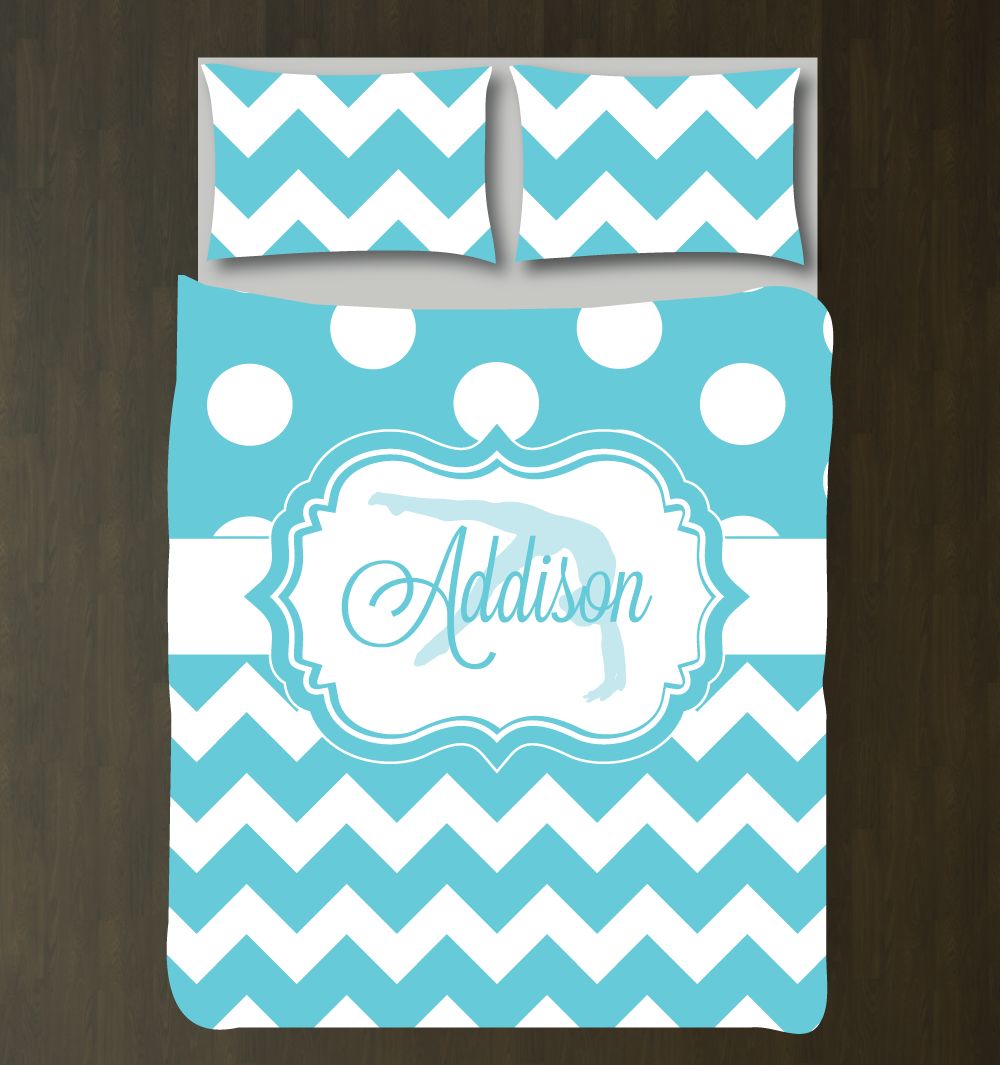 Gymnastics Bedding Set with Polka Dots and Chevron Customized Duvet Cover| Aqua and White