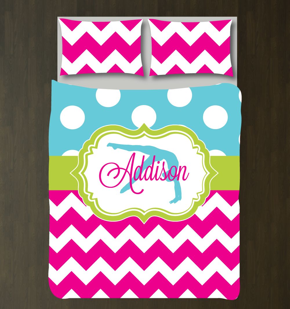 Gymnastics Bedding Set with Polka Dots and Chevron Customized Duvet Cover| Bright Chartreuse, Aqua and Hot Pink
