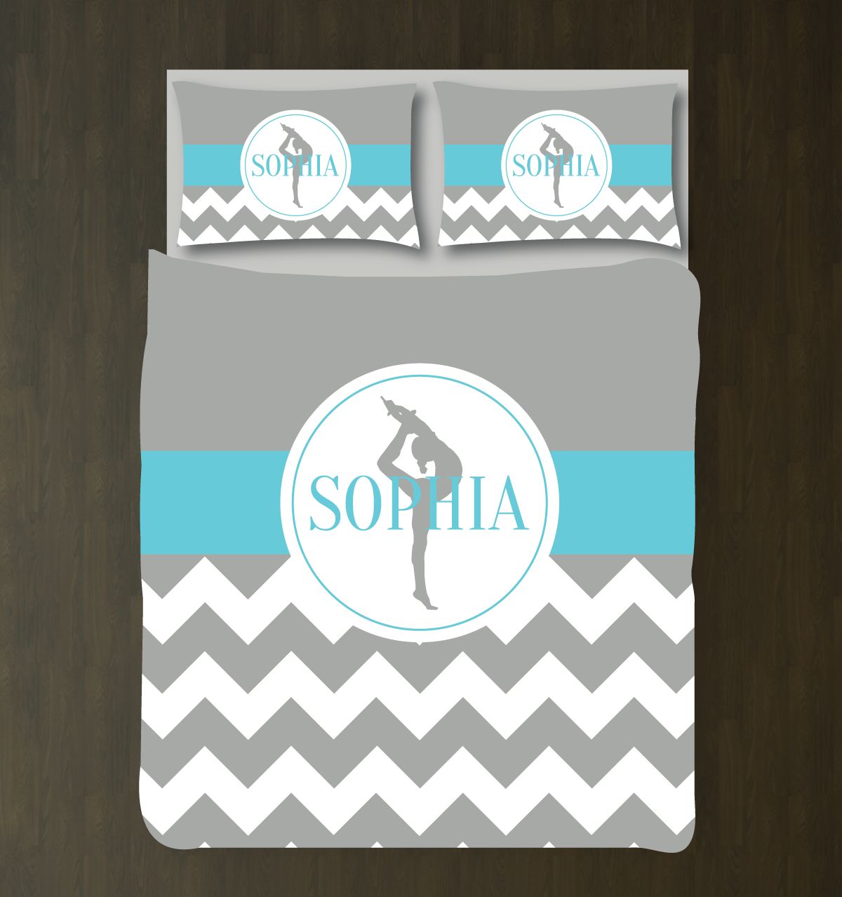 Gymnastics Chevron Bedding Set – Duvet Cover and Shams – In Grey and Aqua or Choose ANY Colors