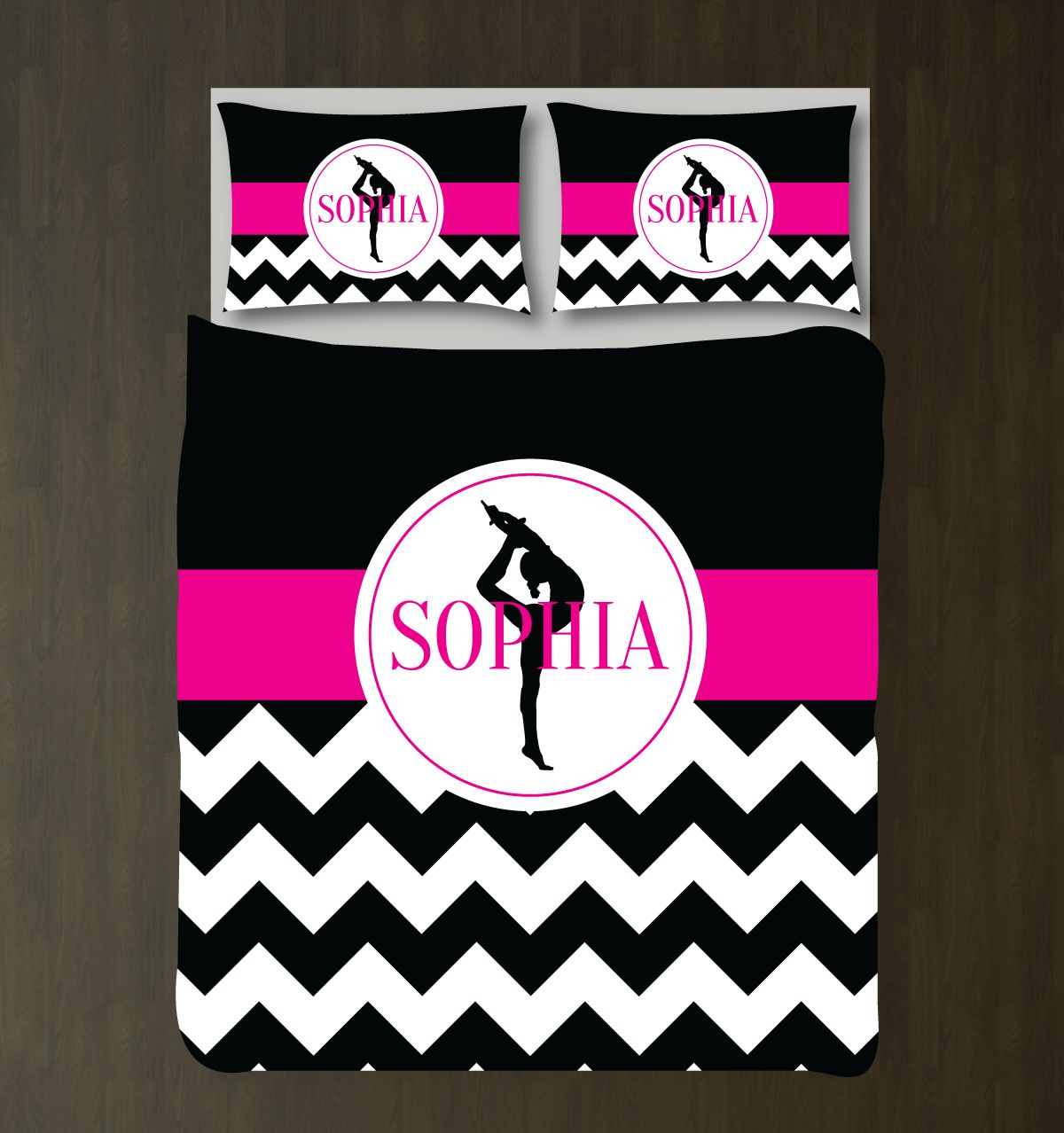 Gymnastics Chevron Bedding Set – Duvet Cover and Shams – In Hot Pink, Black and White or Choose ANY Colors
