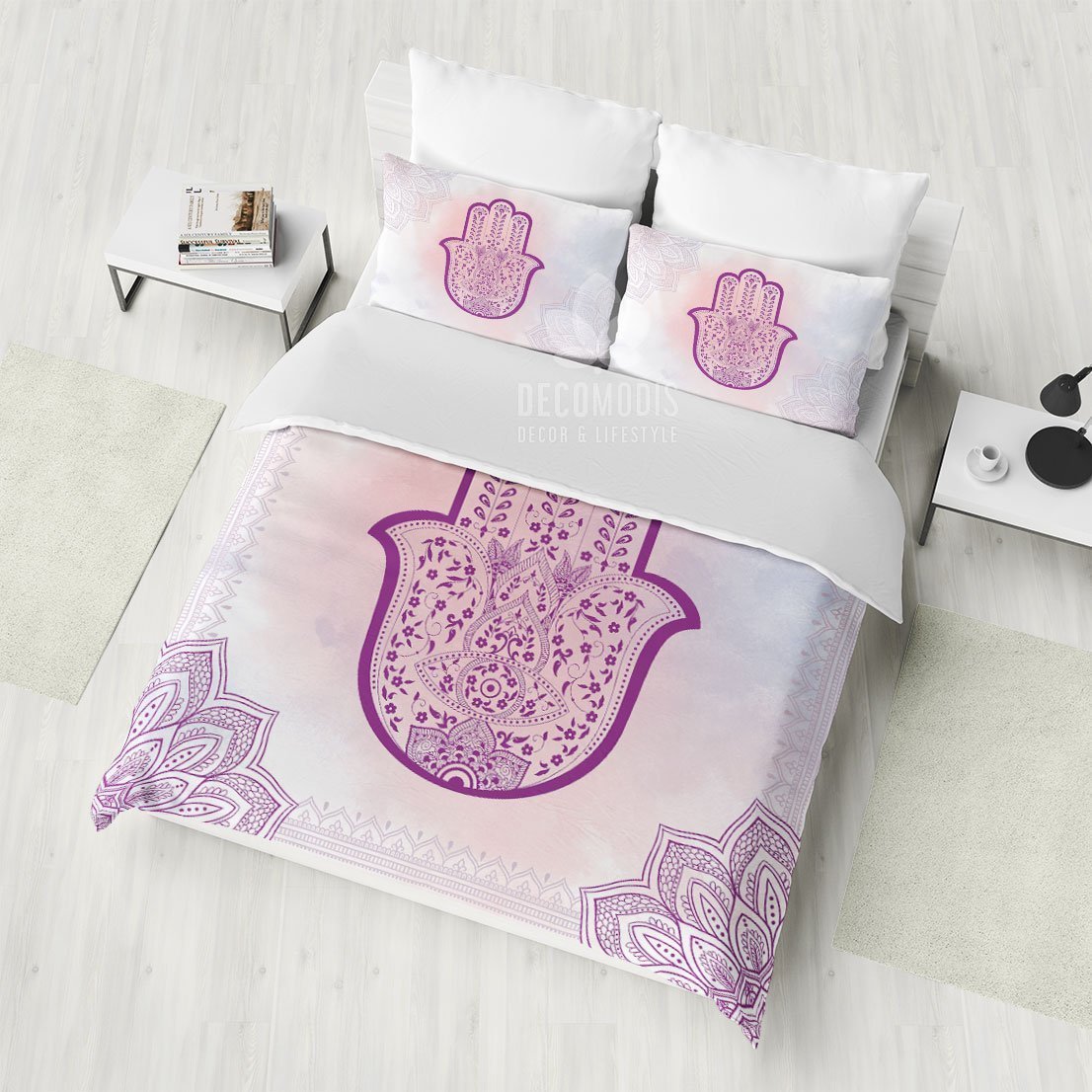 Hamsa Hand Bohemian Bedding Set, Boho Art Bedding, Hand of Fatima Amulet Indie Hippie Duvet Cover Set