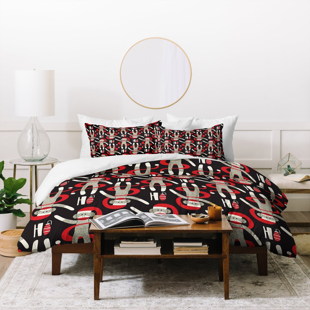 Heather Dutton Sock Monkey Santa Black Duvet Cover
