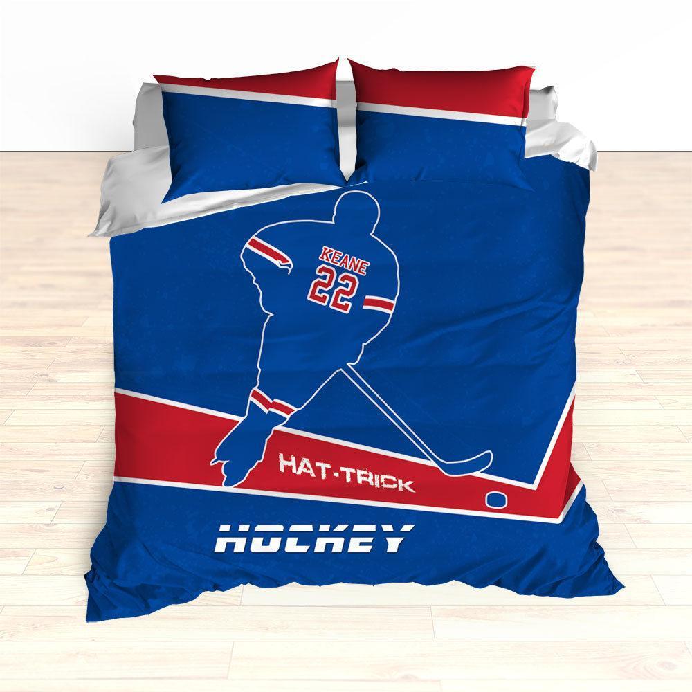 Hockey Bedding, Hat-Trick, Personalized Duvet or Comforter, Custom Hockey Bedding, Caps Bedding, Blue, Red, White, King, Queen, Twin
