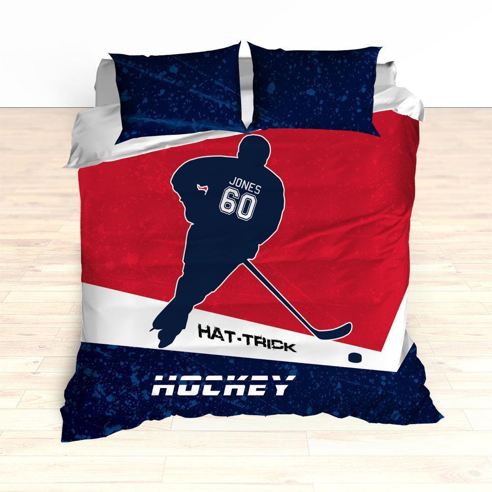 Hockey Bedding, Hat-Trick, Personalized Duvet or Comforter, Custom Hockey Bedding, Caps Bedding, Red, Navy, White, King, Queen, Twin