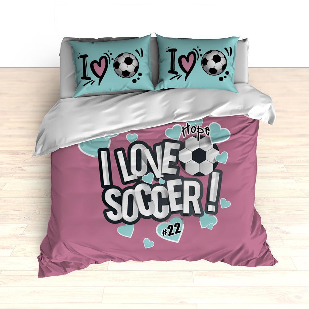 I Love Soccer Theme Bedding, Duvet or Comforter Sets, Mauve and Teal