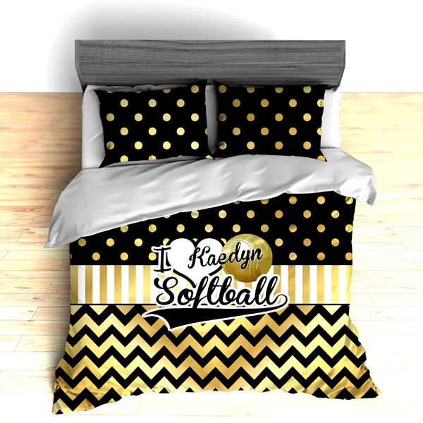 I Love Softball Themed Bedding, Gold Polka dots and Chevron Duvet or Comforter Sets