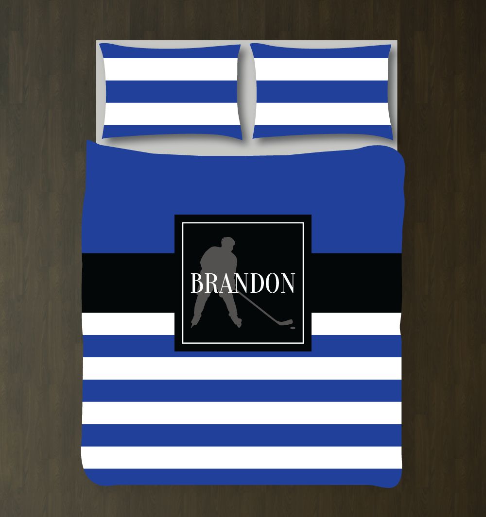 Ice Hockey Bedding Set with Stripes Customized Duvet Cover| Royal Blue, Black and White
