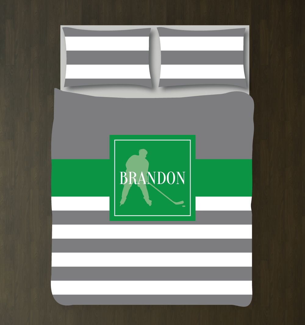 Ice Hockey Player for Teens Custom Hockey for Boys Rooms Titanium Grey, Green, White3D Customized Duvet Cover Bedding Sets