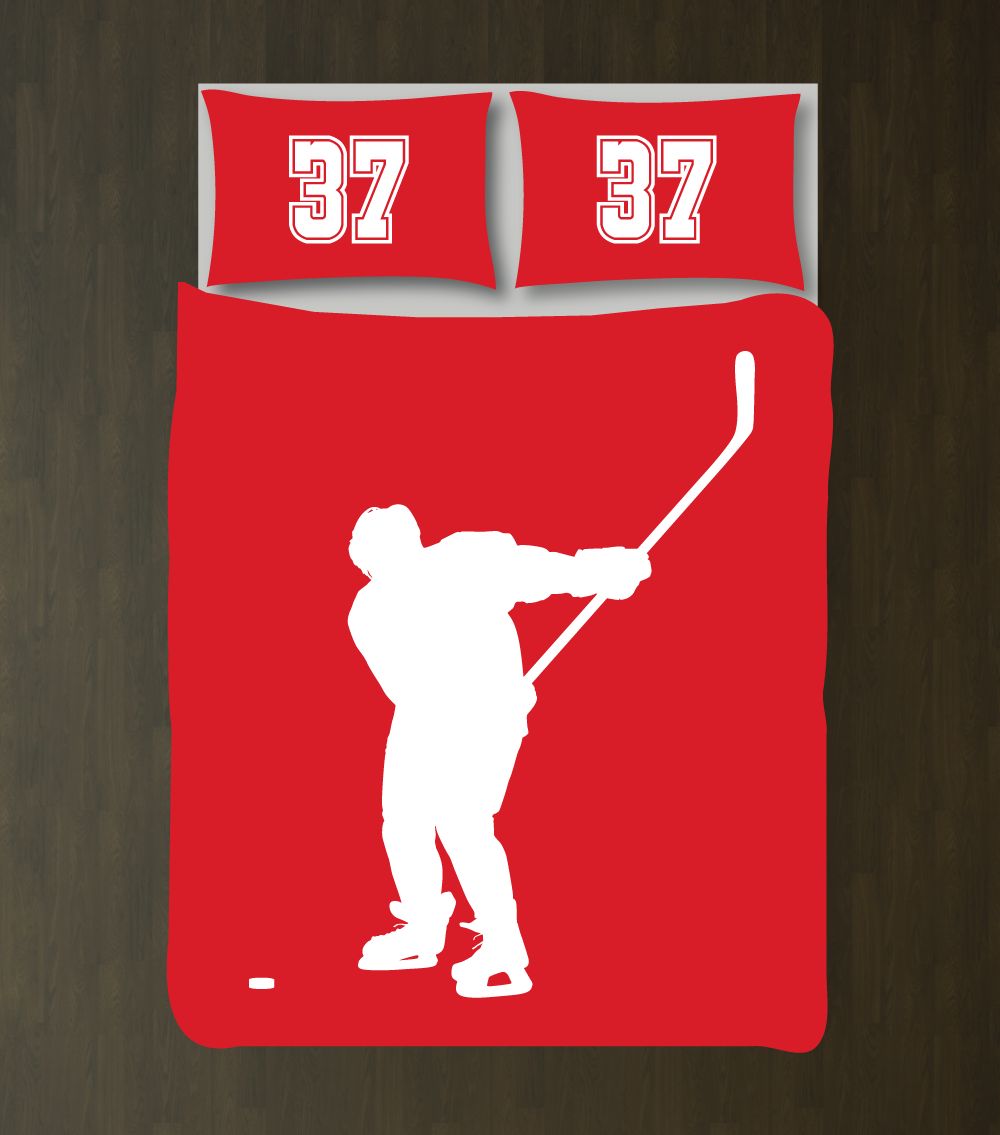Ice Hockey Silhouette Bedding Set with Jersey Numbers Customized Duvet Cover| Red and White