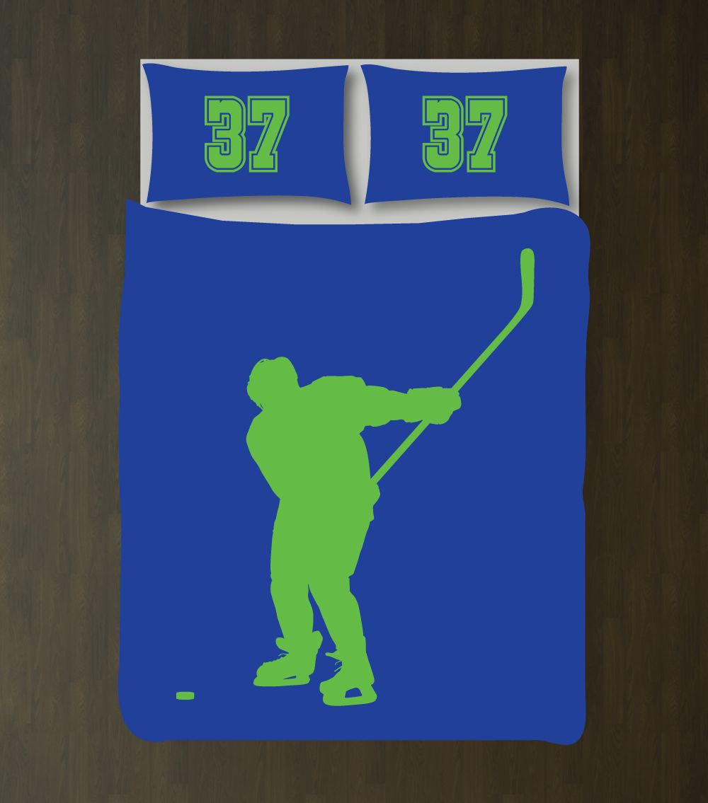 Ice Hockey Silhouette Bedding Set with Jersey Numbers Customized Duvet Cover| Royal Blue, Light Green
