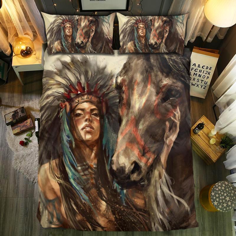 Indian Girl With Black Horse3D Customized Duvet Cover Bedding Sets