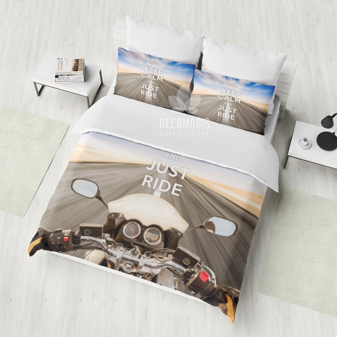 Keep Calm and Just Ride Bedding, Inspirational Duvet Covet Set, Motorbike Travel Bedspread, On The Road Bedroom Decor