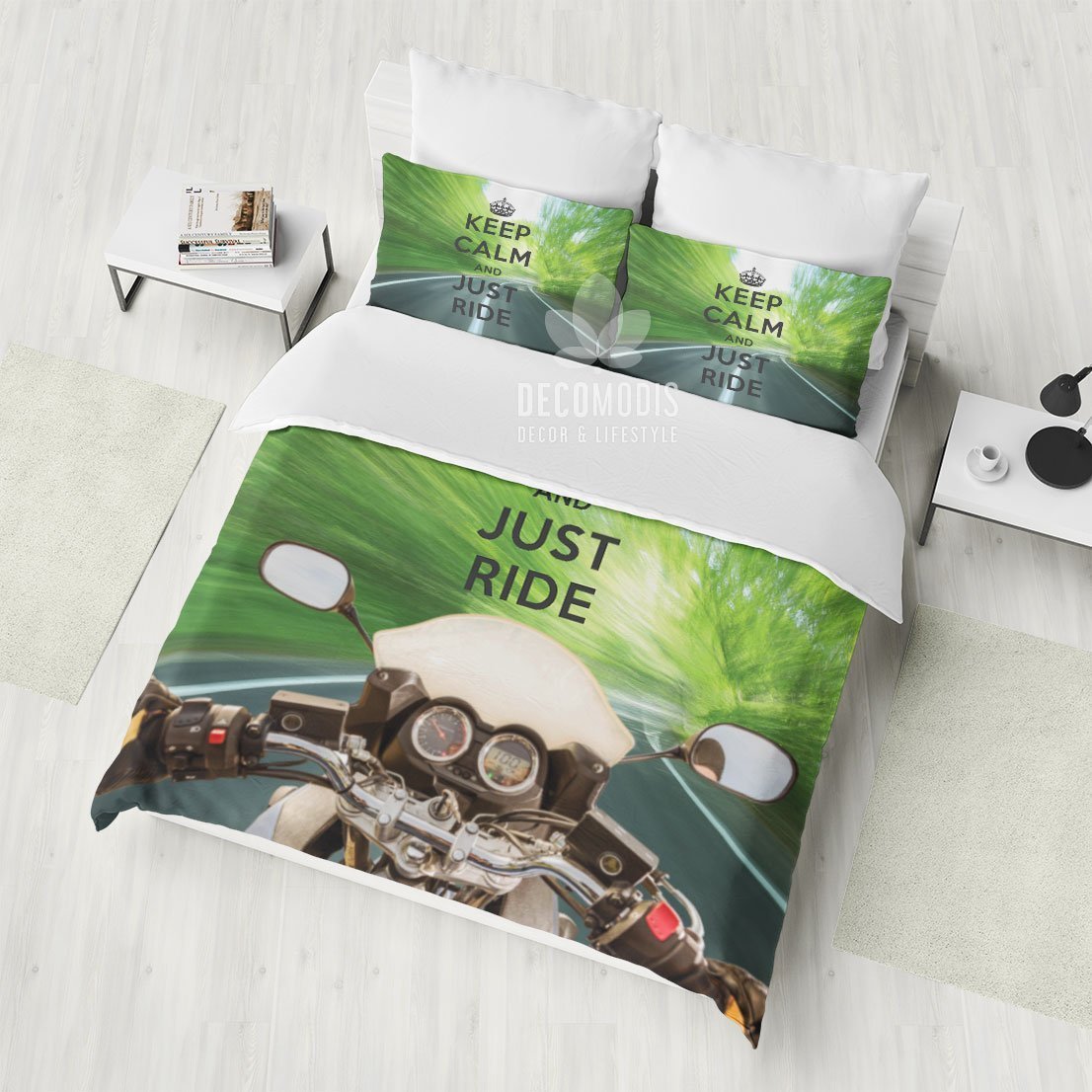 Keep Calm and Just Ride Bedding Set, Motorcycle Travel Duvet Cover, Inspiration Quote Bedspread, Motorbike Bedding